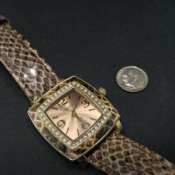 Chico's Faux Snake Skin Leather Watch, Clear Rhinestone Frame, 9 Inches - Picture 4 of 10